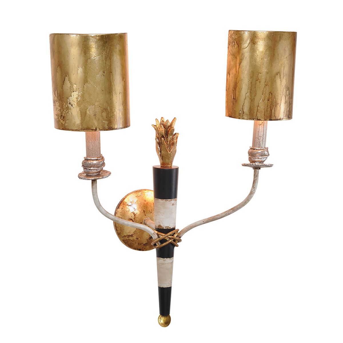 Lucas & McKearn Flambeau 2-Light Gold Wall Light With Black & Cream Stripes Patina Arm