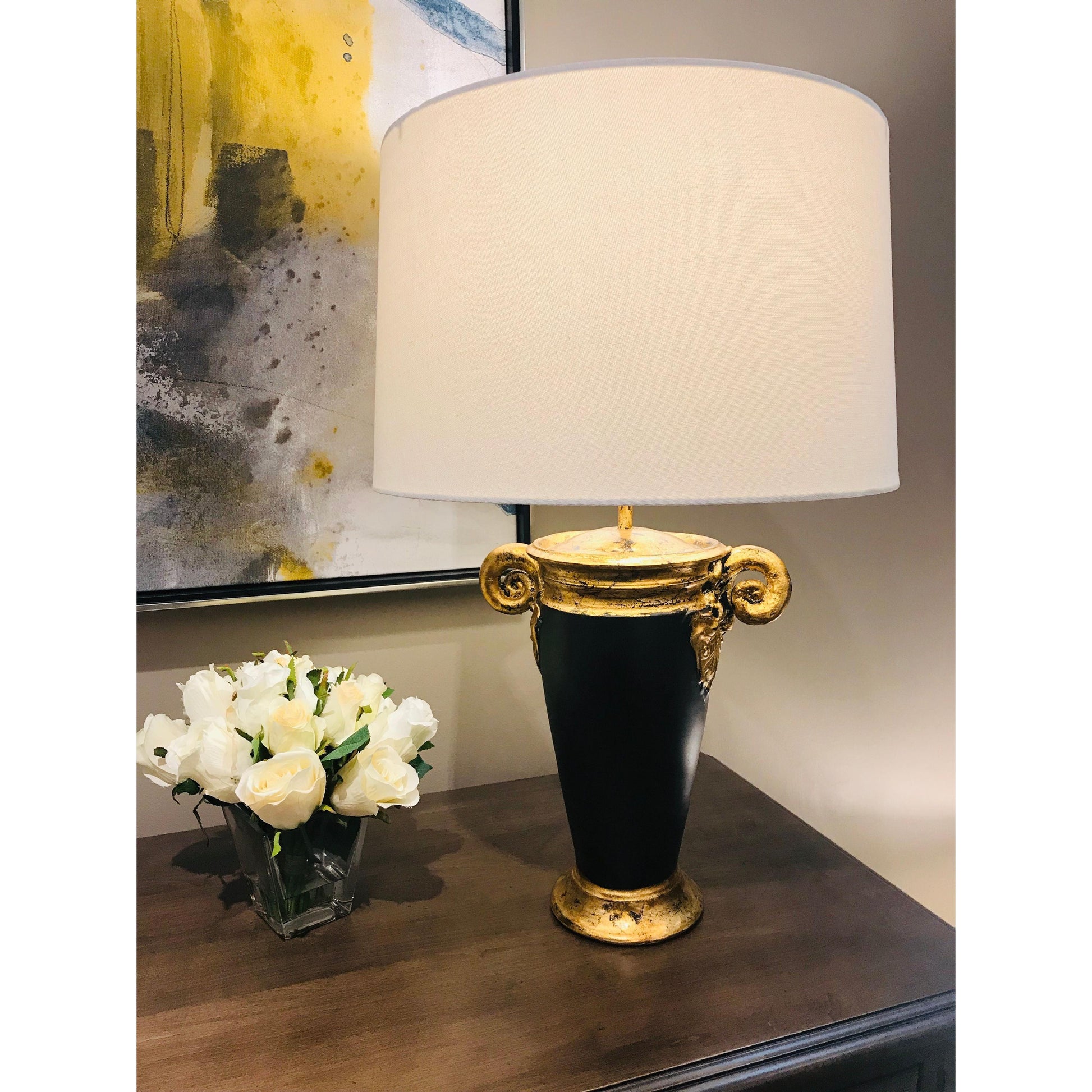 Lucas & McKearn Gallier 25" Distressed Gold and Black Table Lamp With Drum-Shaped Shade