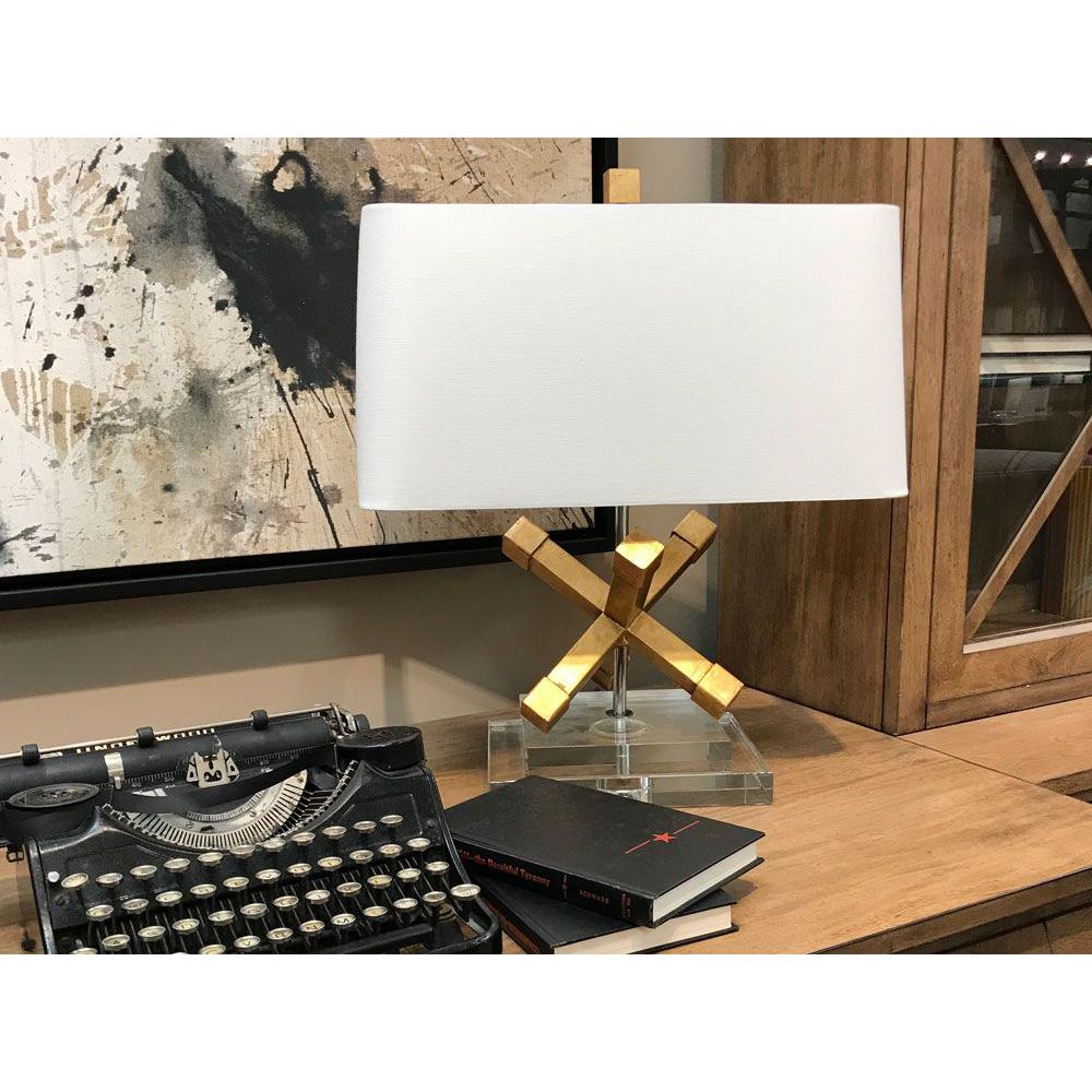 Lucas & McKearn Jackson 18" Gold Buffet Table Lamp With Cream Fabric Rectangle Shade and Square Geometric Accent On Crystal Base
