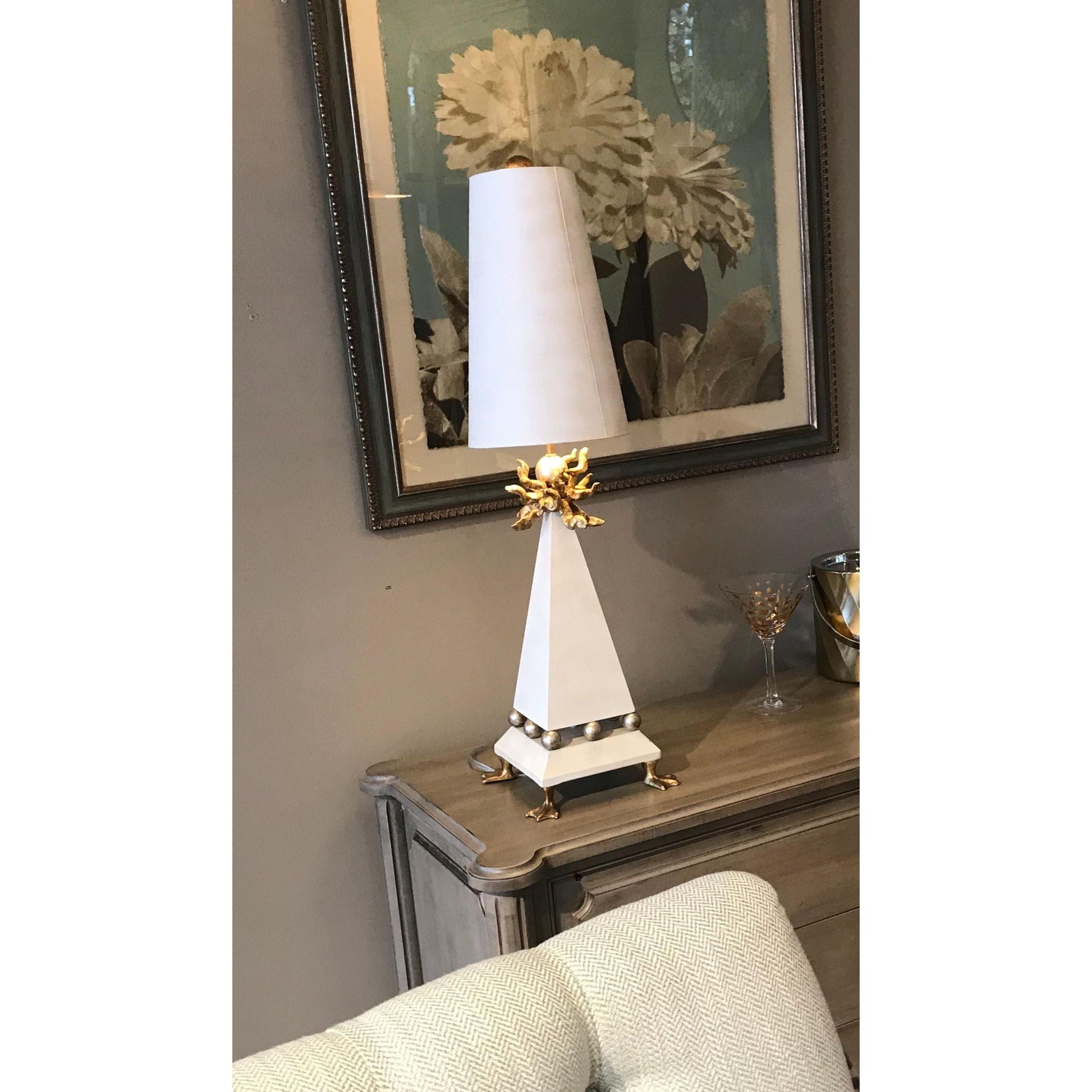 Lucas & McKearn Leda 32" Cream Patina Table Lamp With Cone-Shaped Shade and Gold Leaf Elements