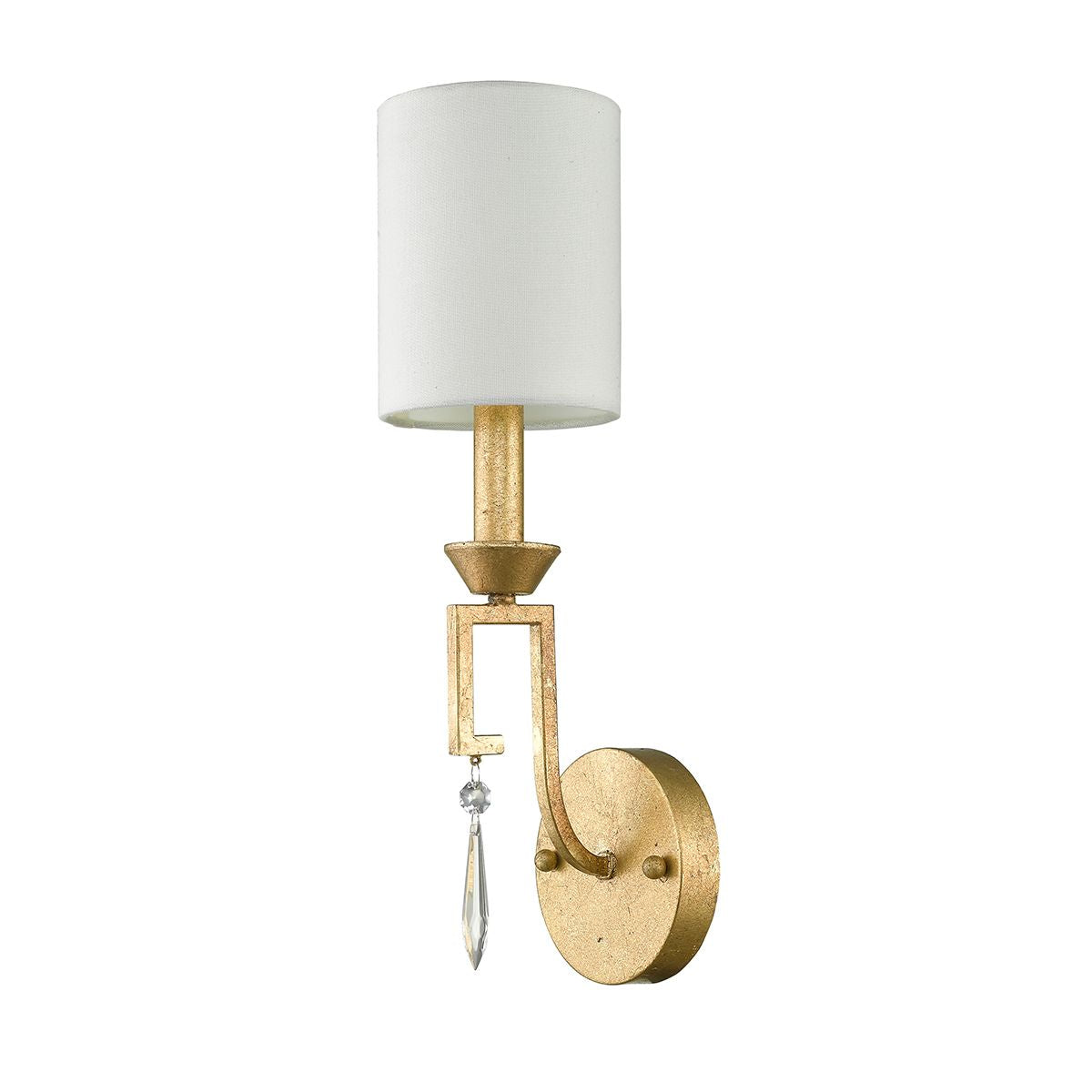 Lucas & McKearn Lemuria 1-Light Antique Gold Wall Light With Ivory White Linen Shade and Crystal Accent