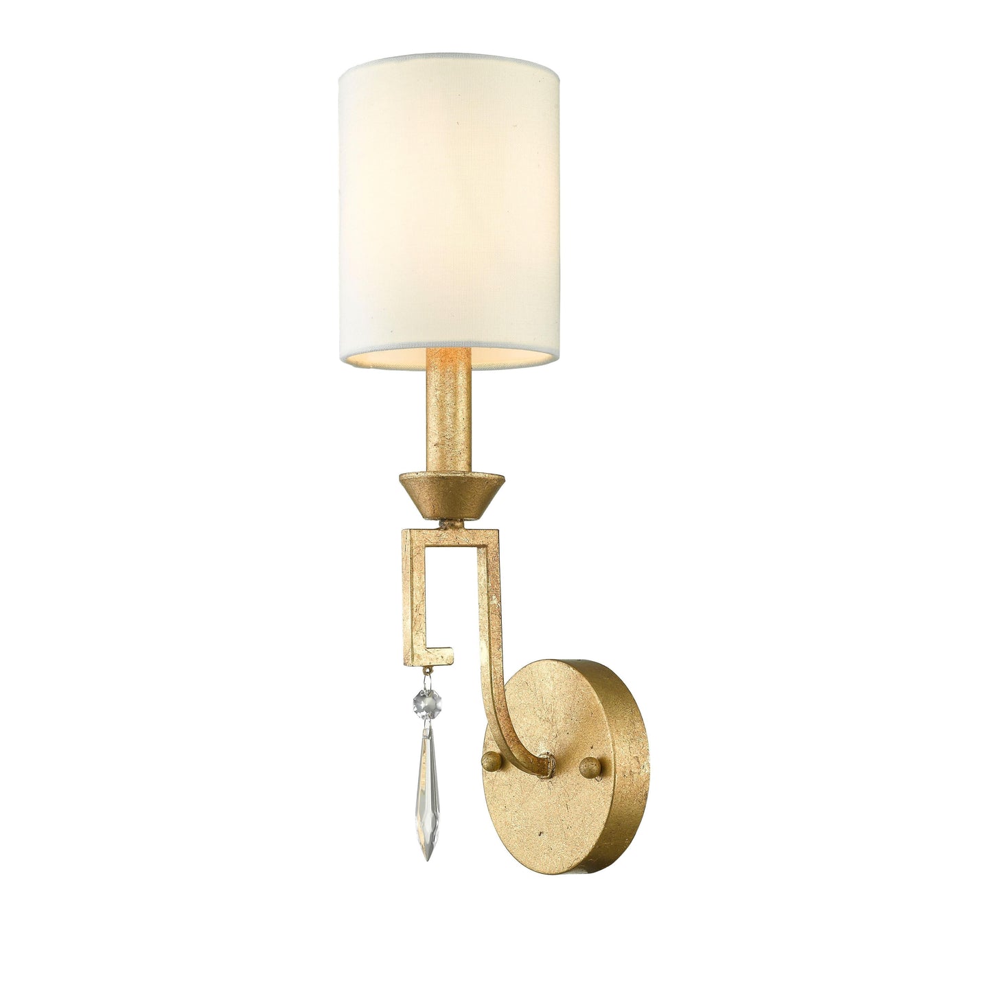 Lucas & McKearn Lemuria 1-Light Antique Gold Wall Light With Ivory White Linen Shade and Crystal Accent
