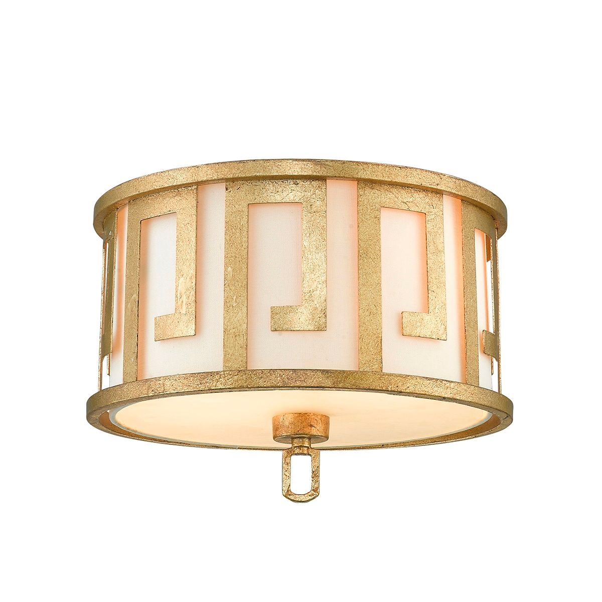 Lucas & McKearn Lemuria 15" Distressed Gold Flush Mount Lighting With Drum-Shaped Ivory Linen Fabric Shade