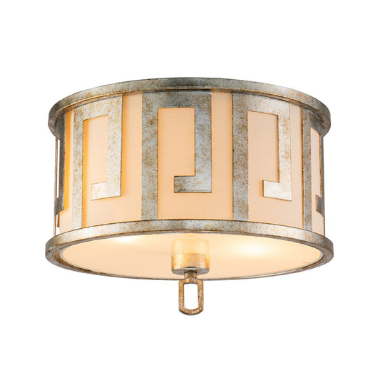 Lucas & McKearn Lemuria 15" Distressed Silver Flush Mount Lighting With Drum-Shaped Ivory Linen Fabric Shade