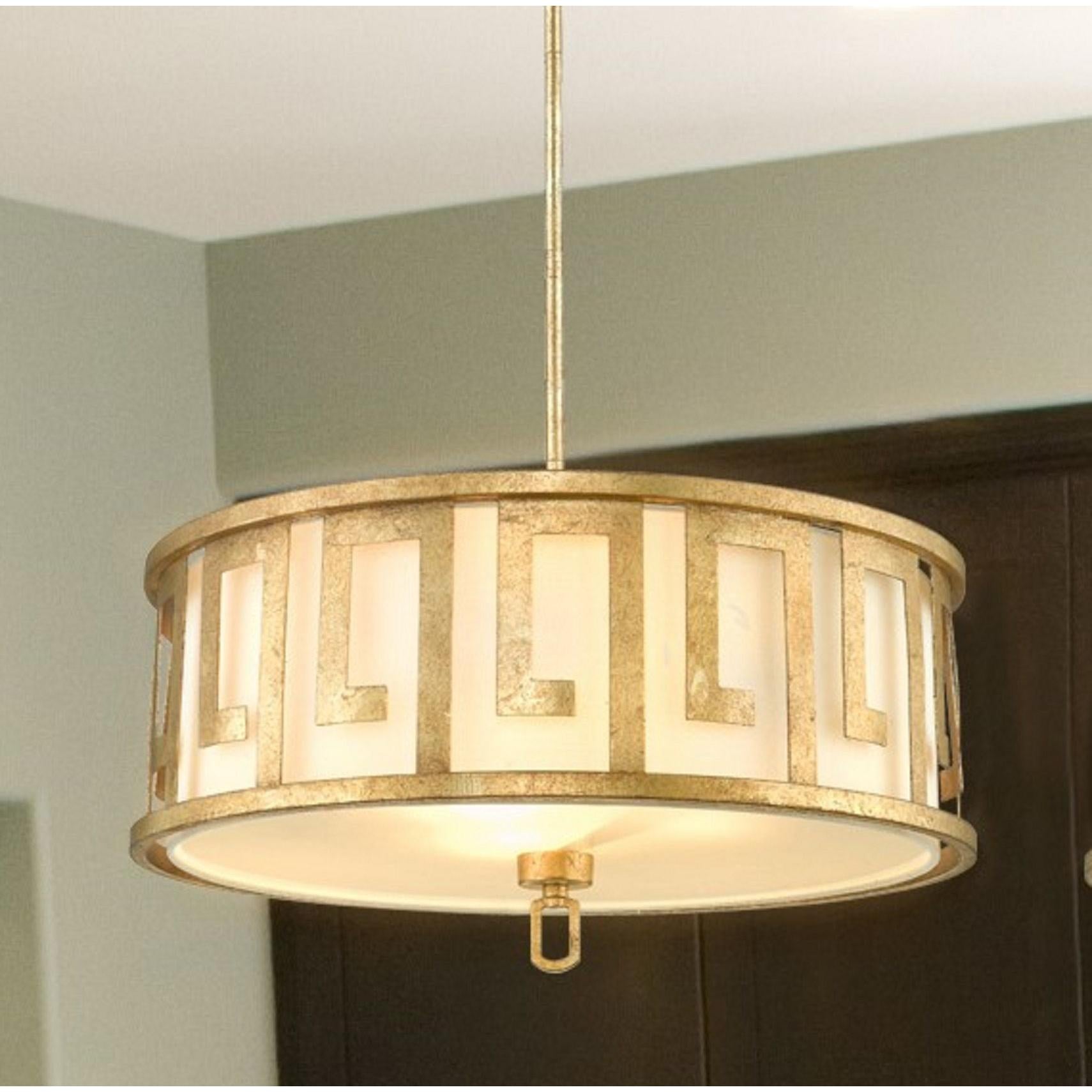 Lucas & McKearn Lemuria 3-Light Distressed Gold Pendant With Drum-Shaped Shade