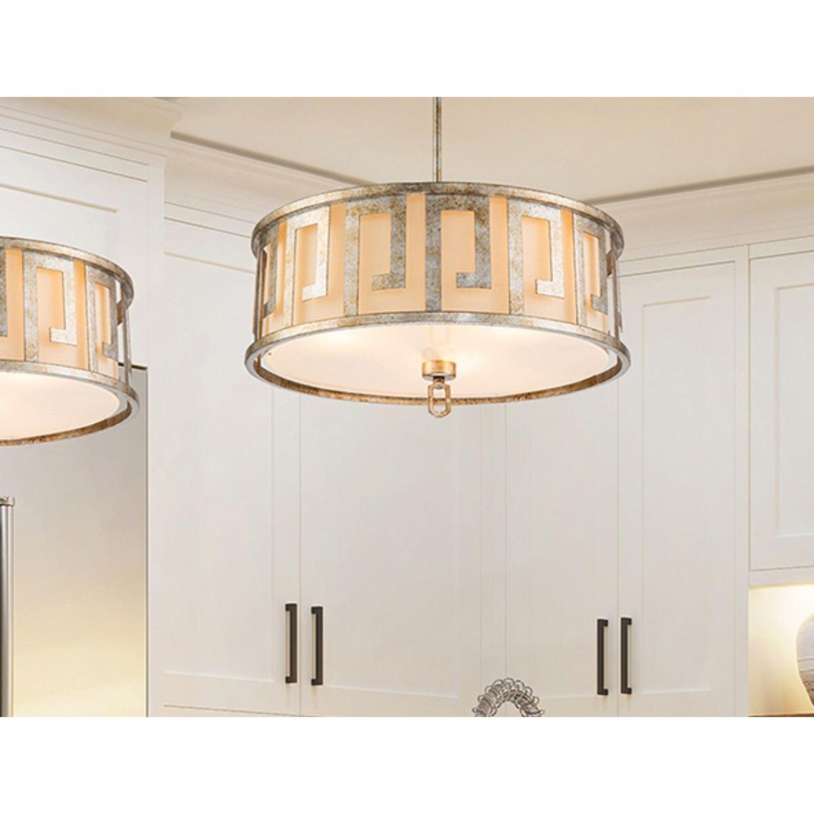 Lucas & McKearn Lemuria 3-Light Distressed Silver Pendant With Drum-Shaped Shade