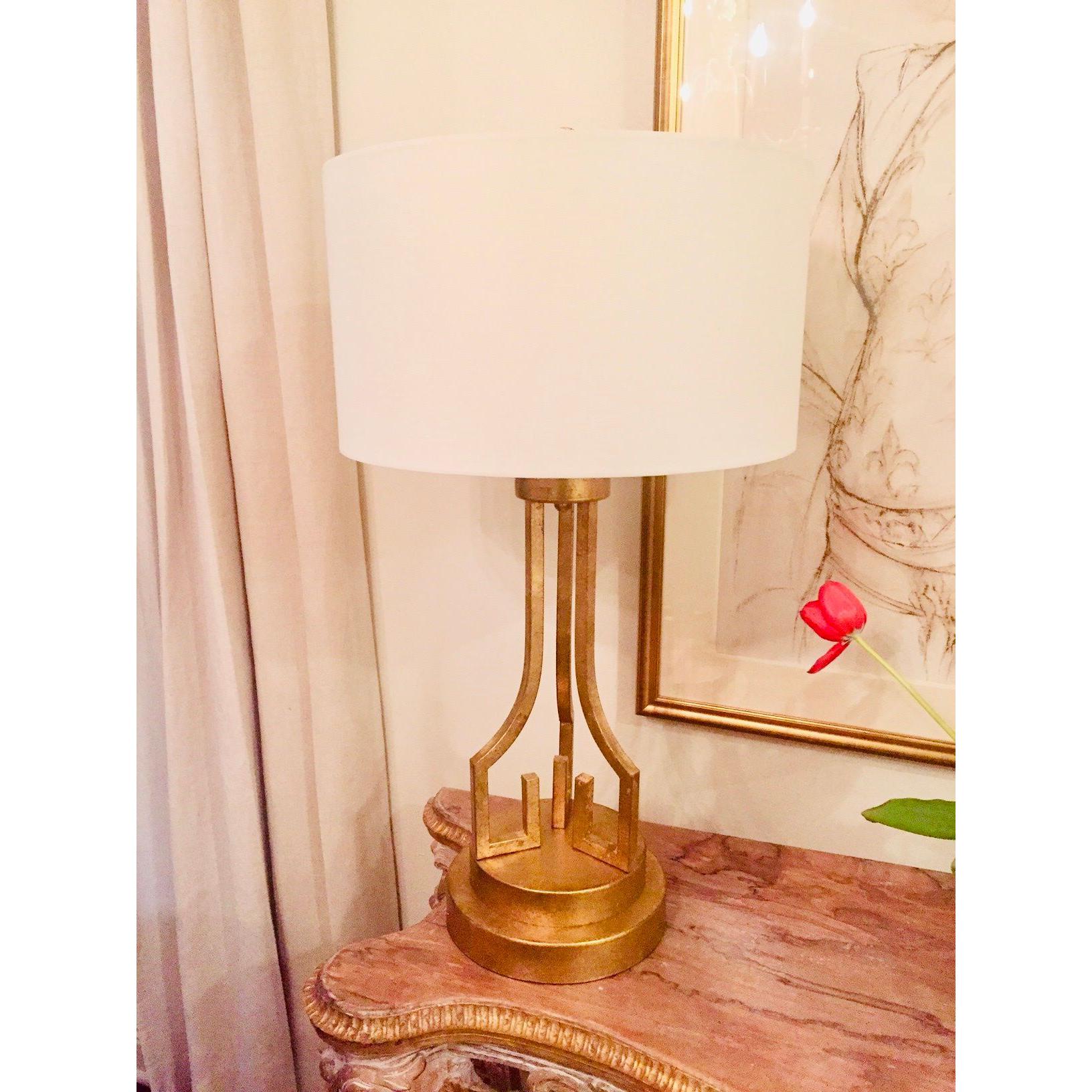 Lucas & McKearn Lemuria 32" Distressed Gold Buffet Table Lamp With White Drum-Shaped Shade
