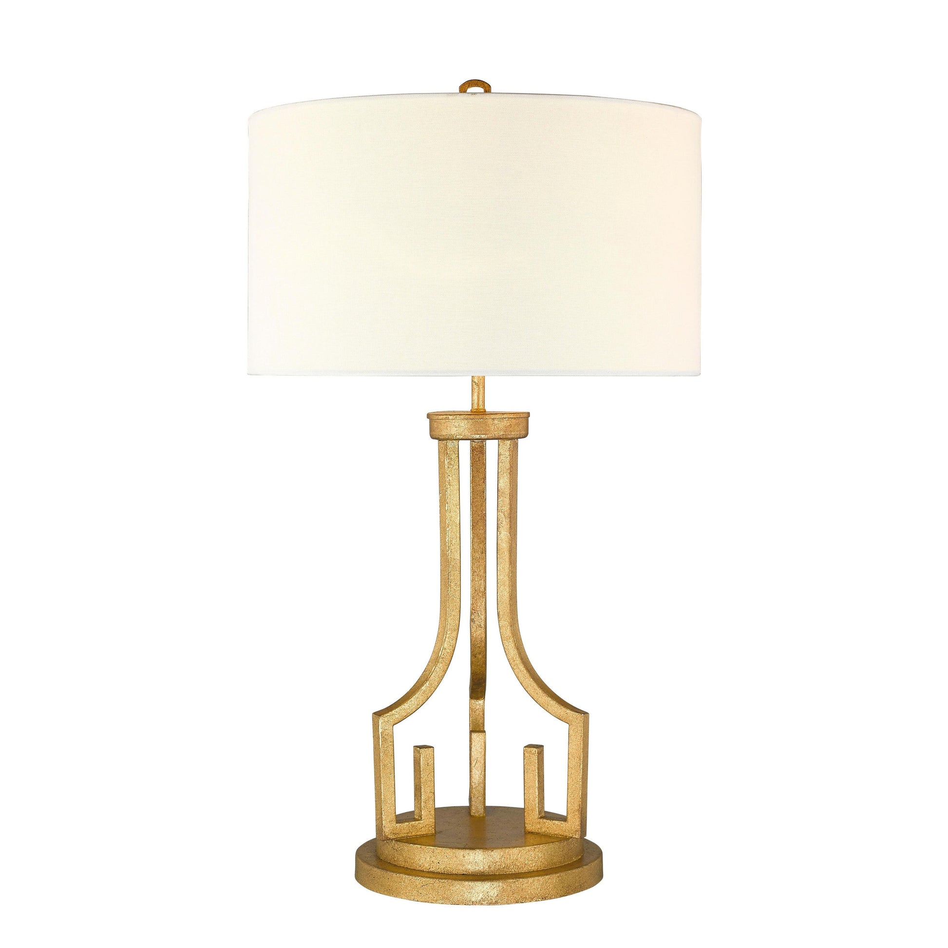 Lucas & McKearn Lemuria 32" Distressed Gold Buffet Table Lamp With White Drum-Shaped Shade