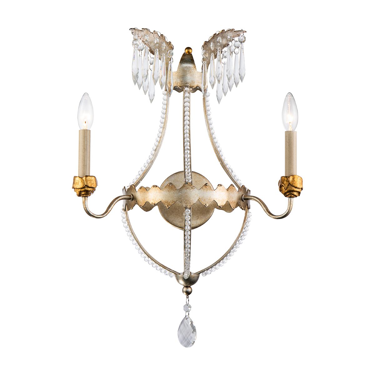 Lucas & McKearn Louis 2-Light Silver Wall Light With Gold Bobeches and Classic Beads Wrought Iron Frame