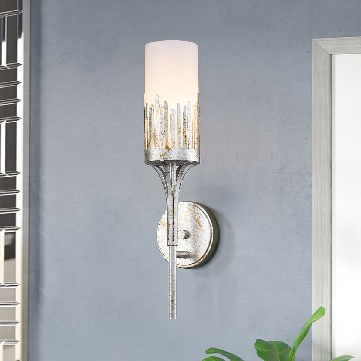 Lucas & McKearn Manor 1-Light Silver Leaf Wall Sconce With Opal Glass Candle Cover