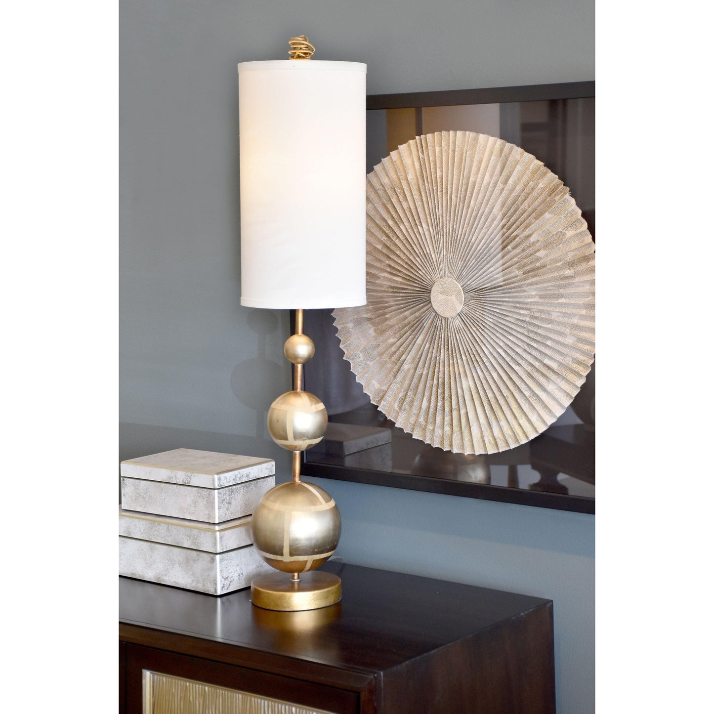 Lucas & McKearn Marie 34" Gold and Silver Leaf Buffet Table Lamp With Cylinder Fabric Shade and Silver Spheres
