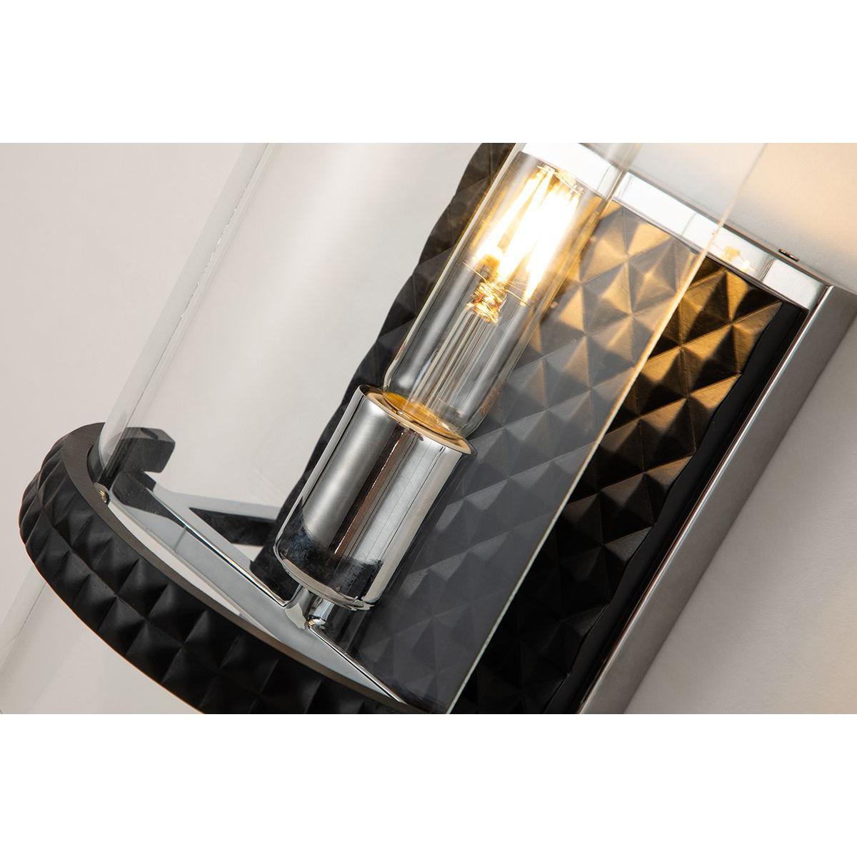 Lucas & McKearn Mazant 1-Light Black & Polished Chrome Wall Light With Half Drum-Shaped Clear Glass Shade