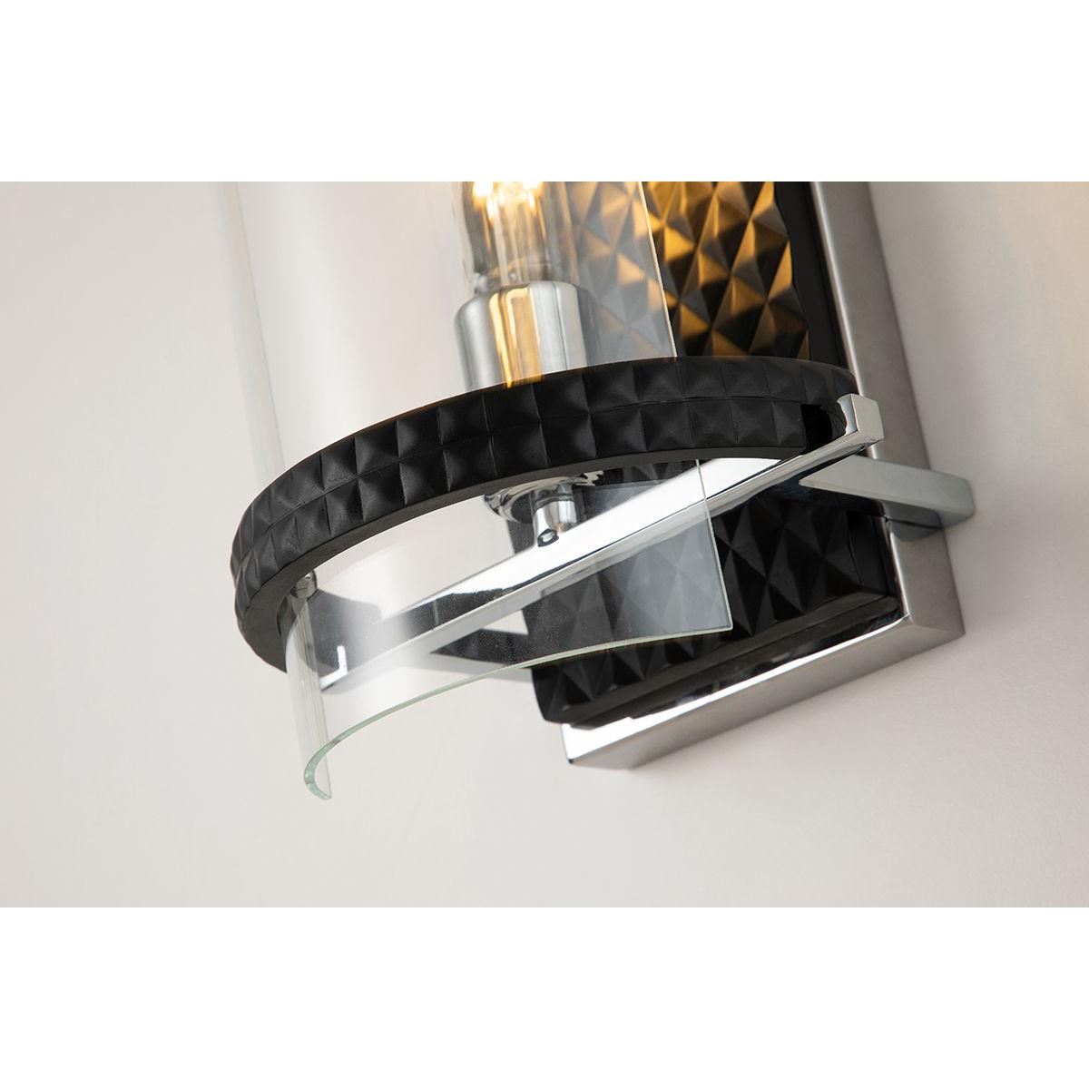 Lucas & McKearn Mazant 1-Light Black & Polished Chrome Wall Light With Half Drum-Shaped Clear Glass Shade