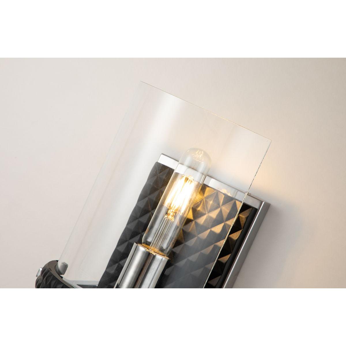 Lucas & McKearn Mazant 1-Light Black & Polished Chrome Wall Light With Half Drum-Shaped Clear Glass Shade
