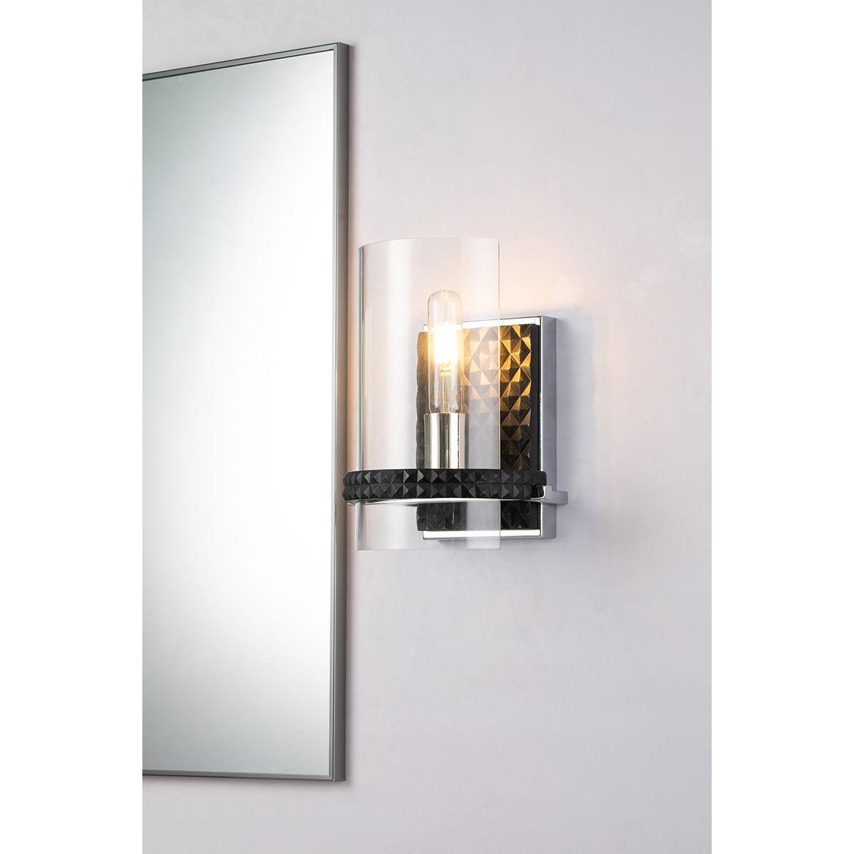 Lucas & McKearn Mazant 1-Light Black & Polished Chrome Wall Light With Half Drum-Shaped Clear Glass Shade