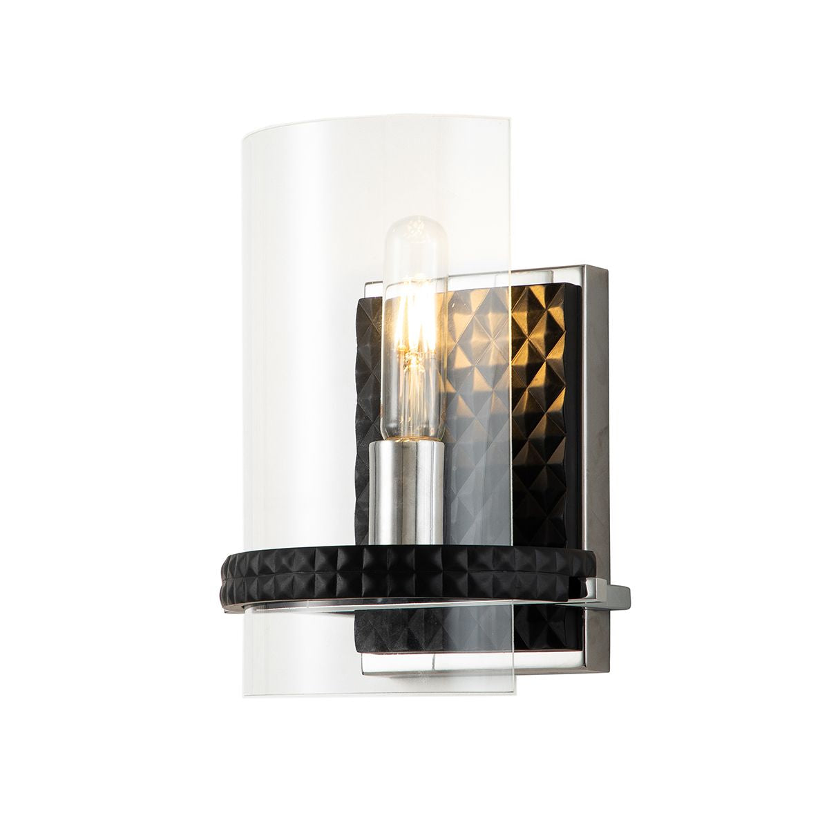 Lucas & McKearn Mazant 1-Light Black & Polished Chrome Wall Light With Half Drum-Shaped Clear Glass Shade