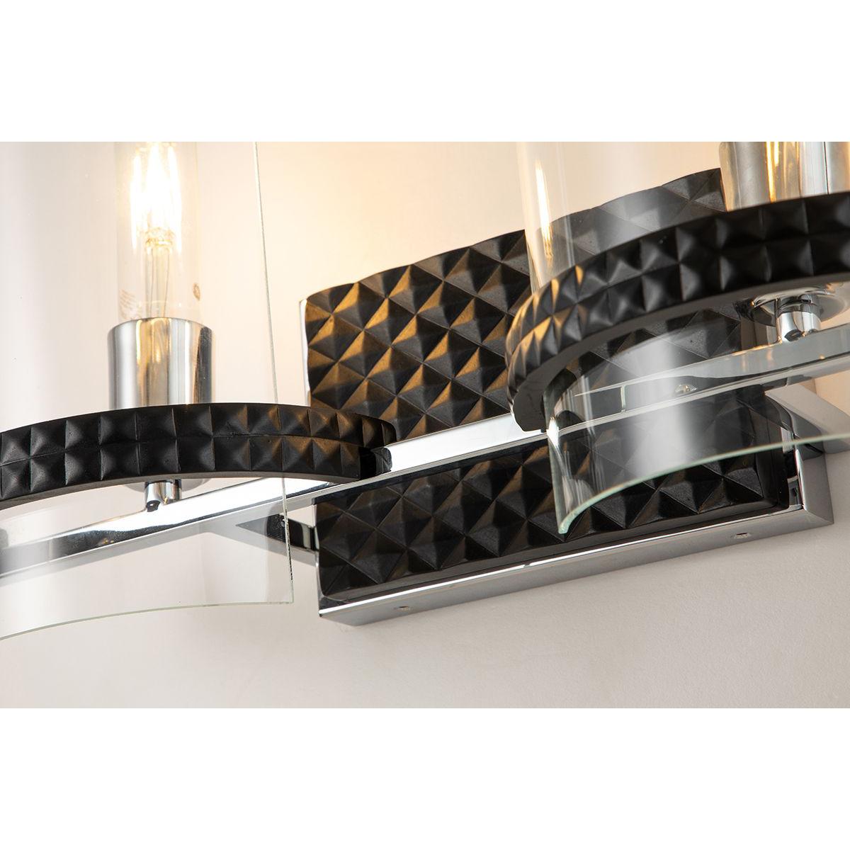 Lucas & McKearn Mazant 2-Light Black & Polished Chrome Wall Light With Half Drum-Shaped Clear Glass Shade