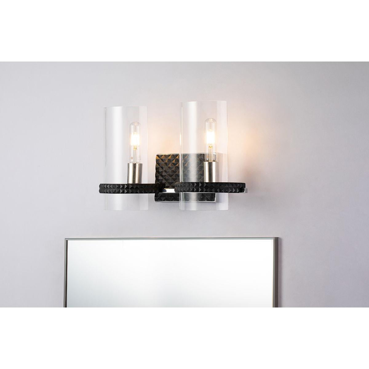 Lucas & McKearn Mazant 2-Light Black & Polished Chrome Wall Light With Half Drum-Shaped Clear Glass Shade
