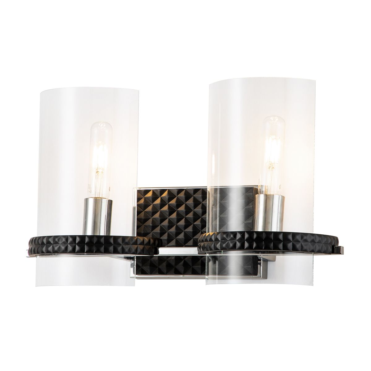 Lucas & McKearn Mazant 2-Light Black & Polished Chrome Wall Light With Half Drum-Shaped Clear Glass Shade