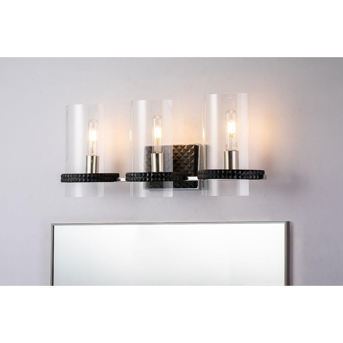 Lucas & McKearn Mazant 3-Light Black & Polished Chrome Wall Light With Half Drum-Shaped Clear Glass Shade