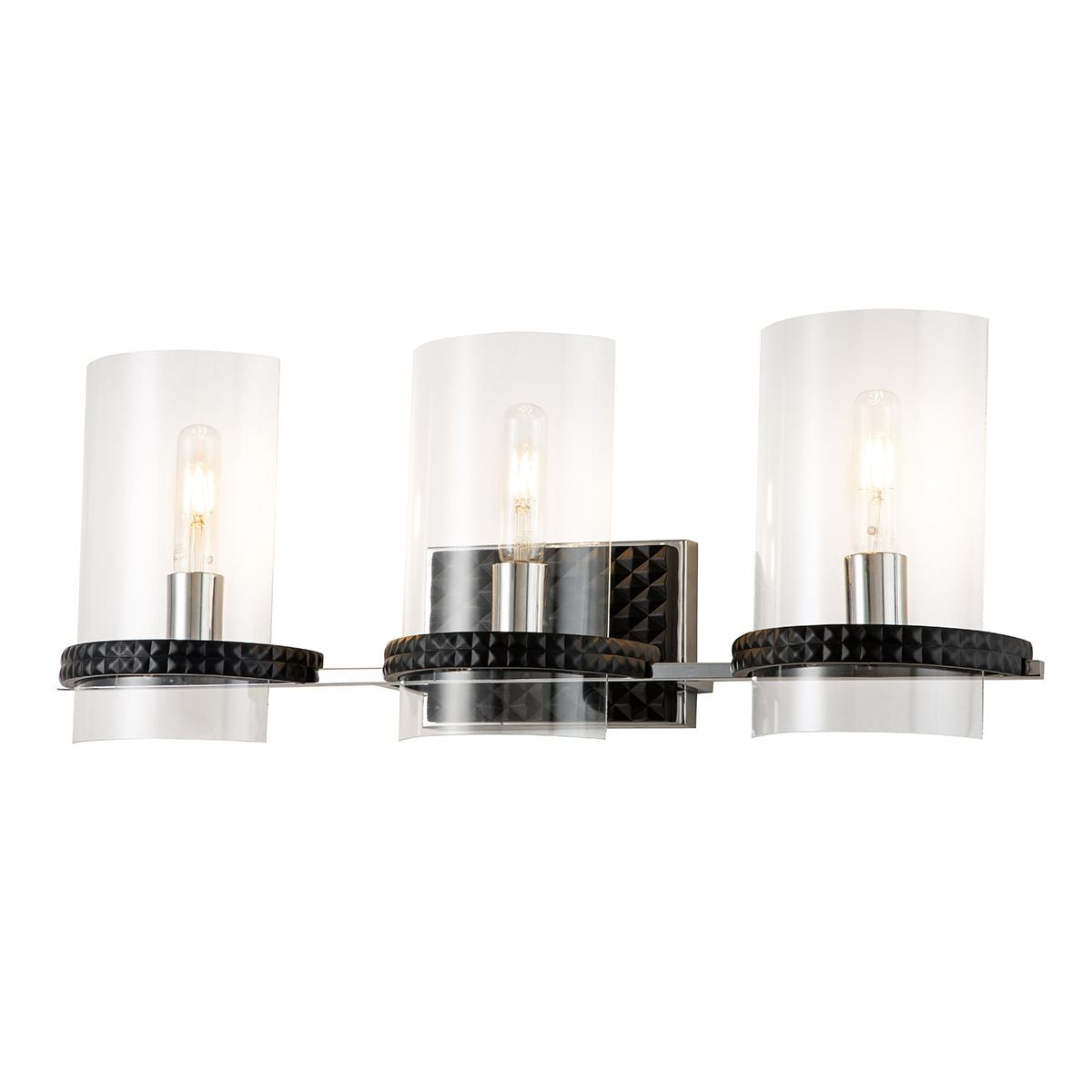 Lucas & McKearn Mazant 3-Light Black & Polished Chrome Wall Light With Half Drum-Shaped Clear Glass Shade