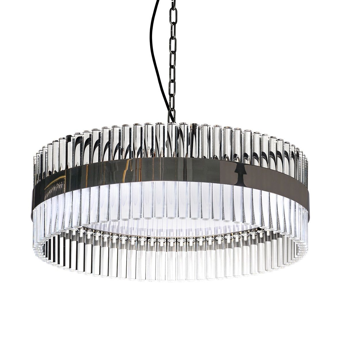 Lucas & McKearn Metro 9-Light Dark Chrome Large Pendant With Drum-Shaped Clear Glass Shade