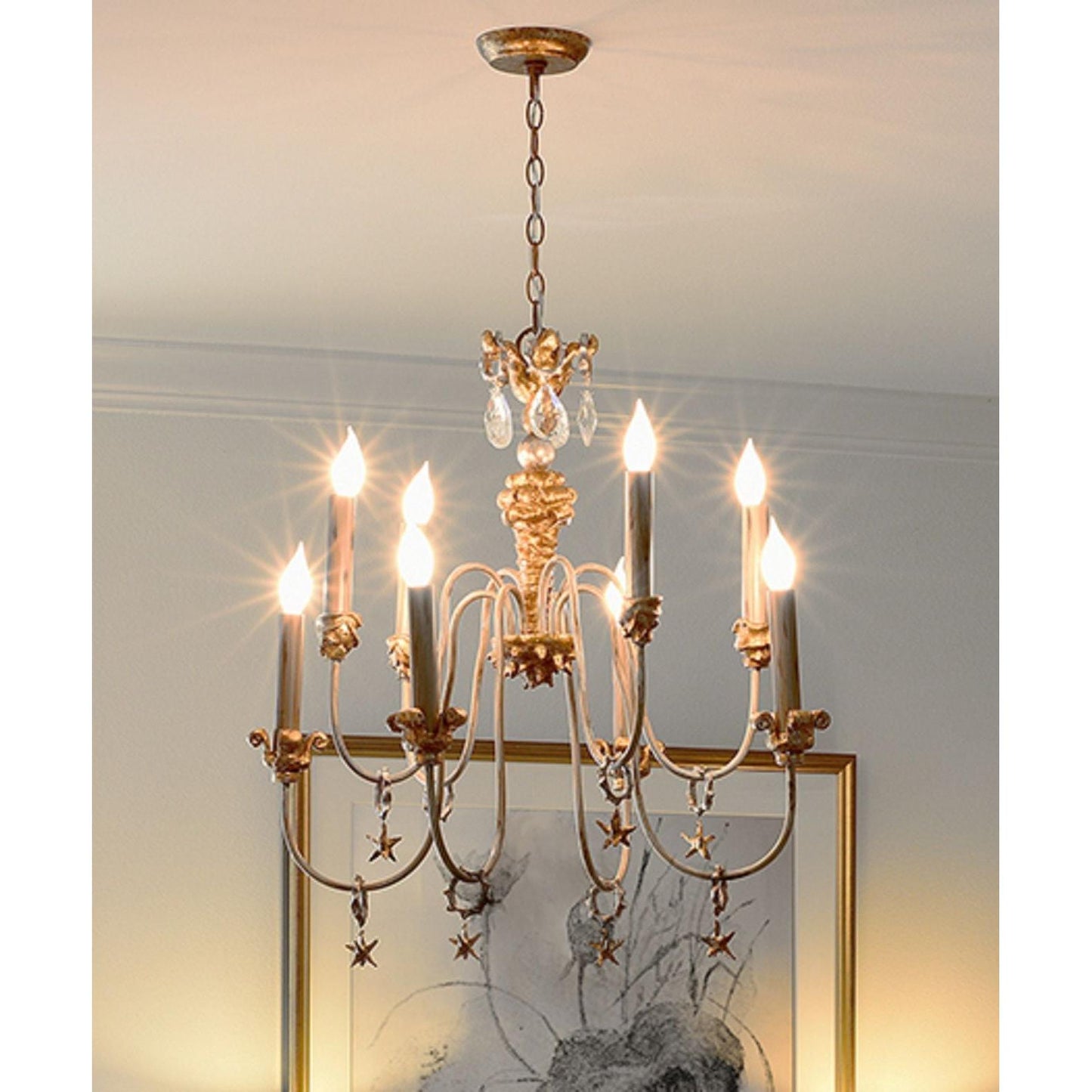 Lucas & McKearn Mignon 8-Light Distressed Ivory Chandelier With Silver rings and Gold Leaf Accent