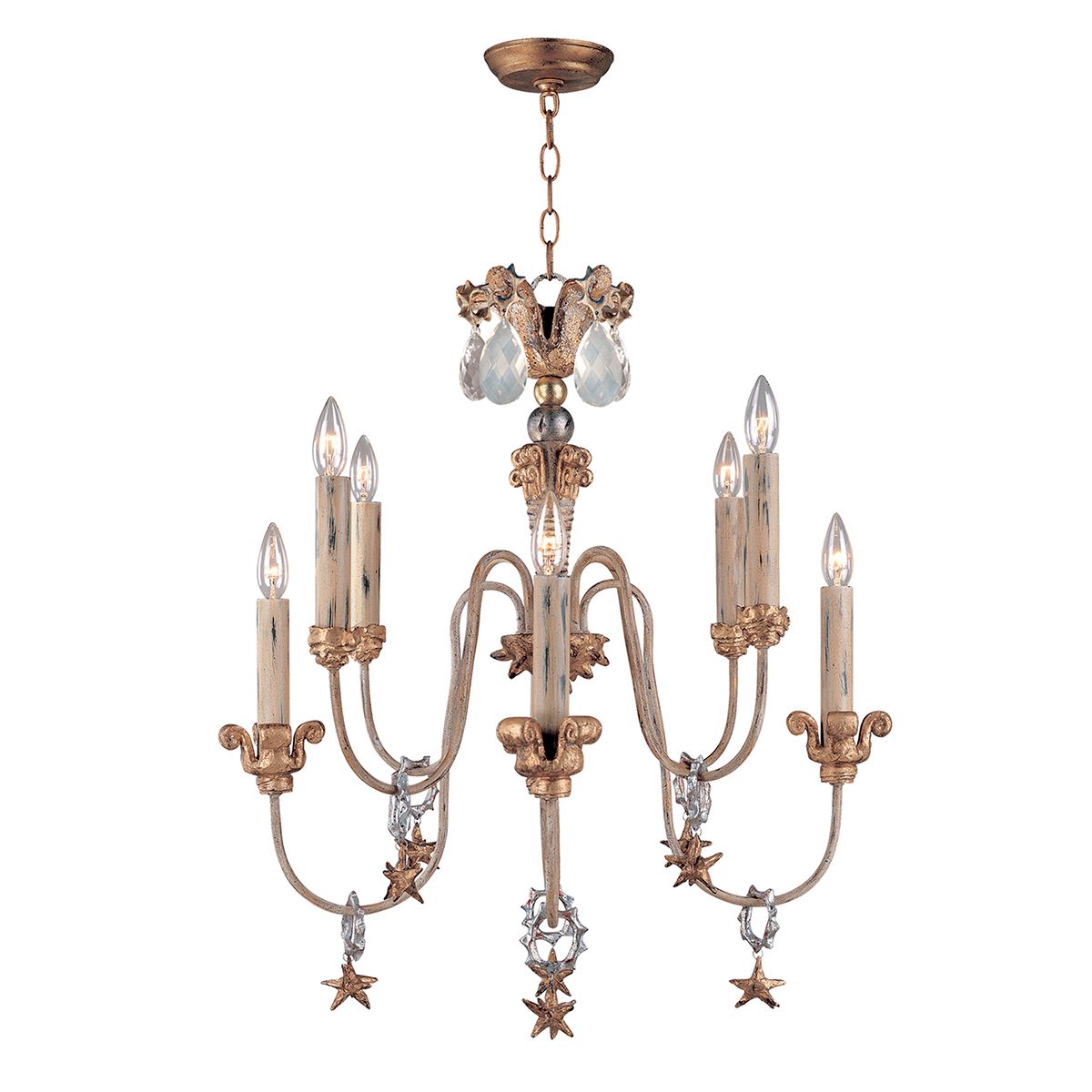 Lucas & McKearn Mignon 8-Light Distressed Ivory Chandelier With Silver rings and Gold Leaf Accent