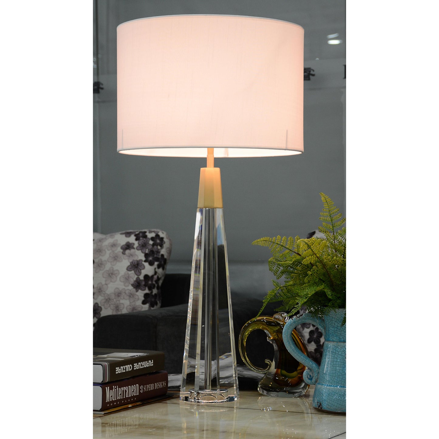 Lucas & McKearn Monroe 32" Clear Glass Buffet Table Lamp With White Drum-Shaped Shade and Brass Accents