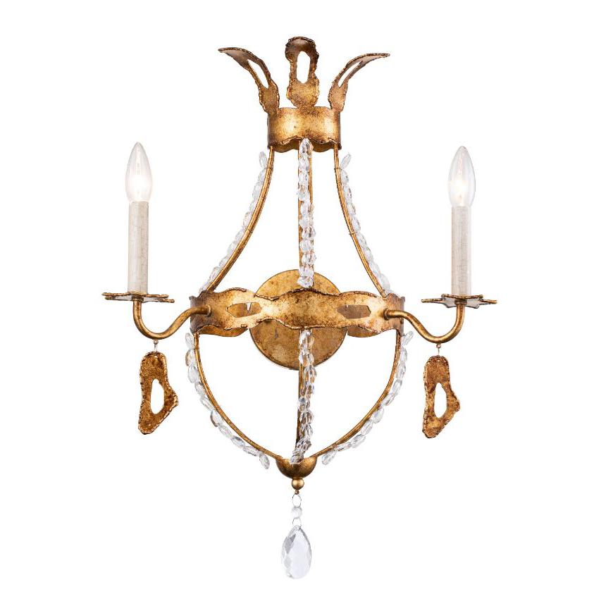 Lucas & McKearn Monteleon 2-Light Gold Wall Light With Gold Bobeches and Classic Beads Wrought Iron Frame