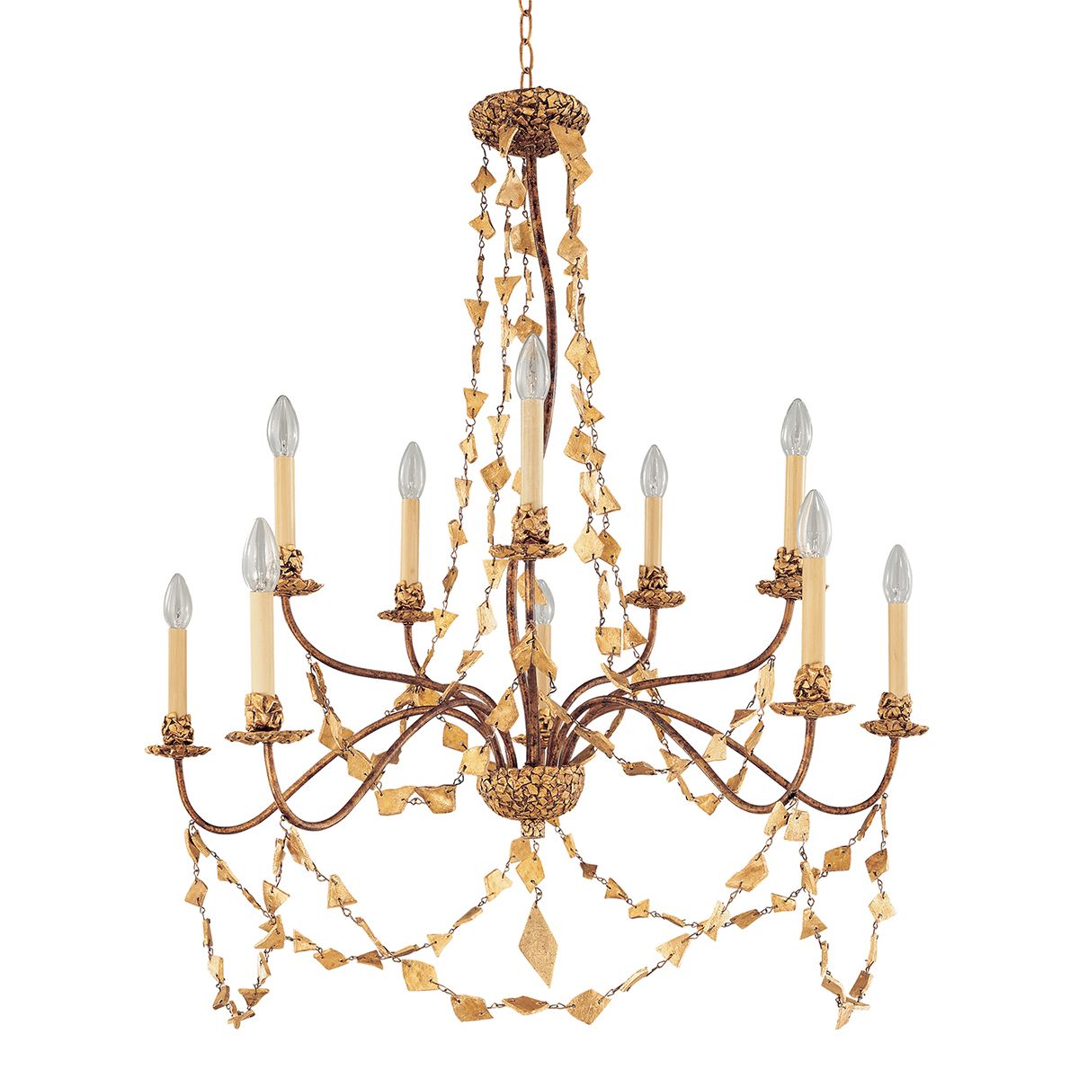 Lucas & McKearn Mosaic 10-Light Gold Leaf Two-Tier Chandelier With Multi-Size Hand Painted Resin Pieces