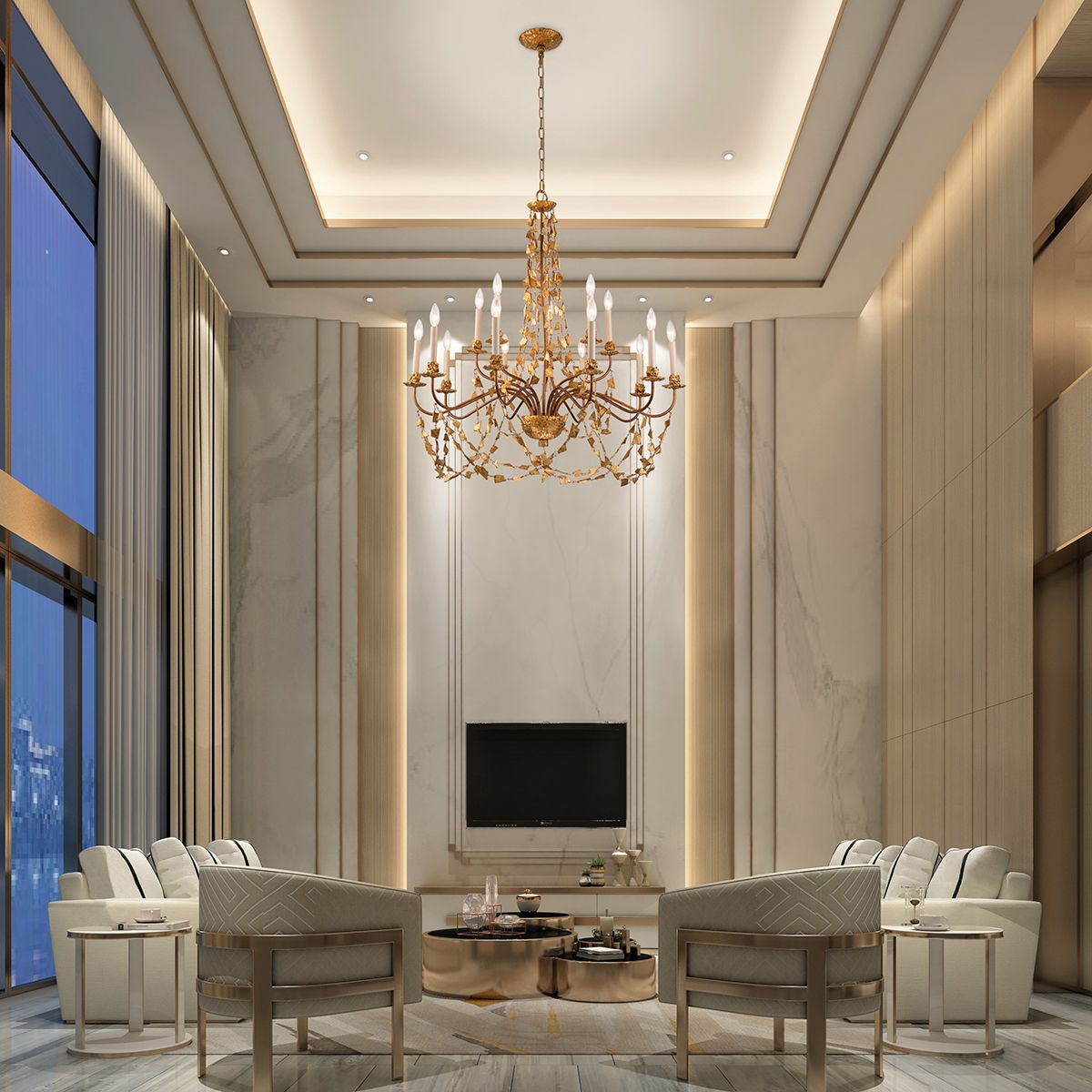 Lucas & McKearn Mosaic 15-Light Gold Leaf Two-Tier Chandelier With Multi-Size Hand Painted Resin Pieces