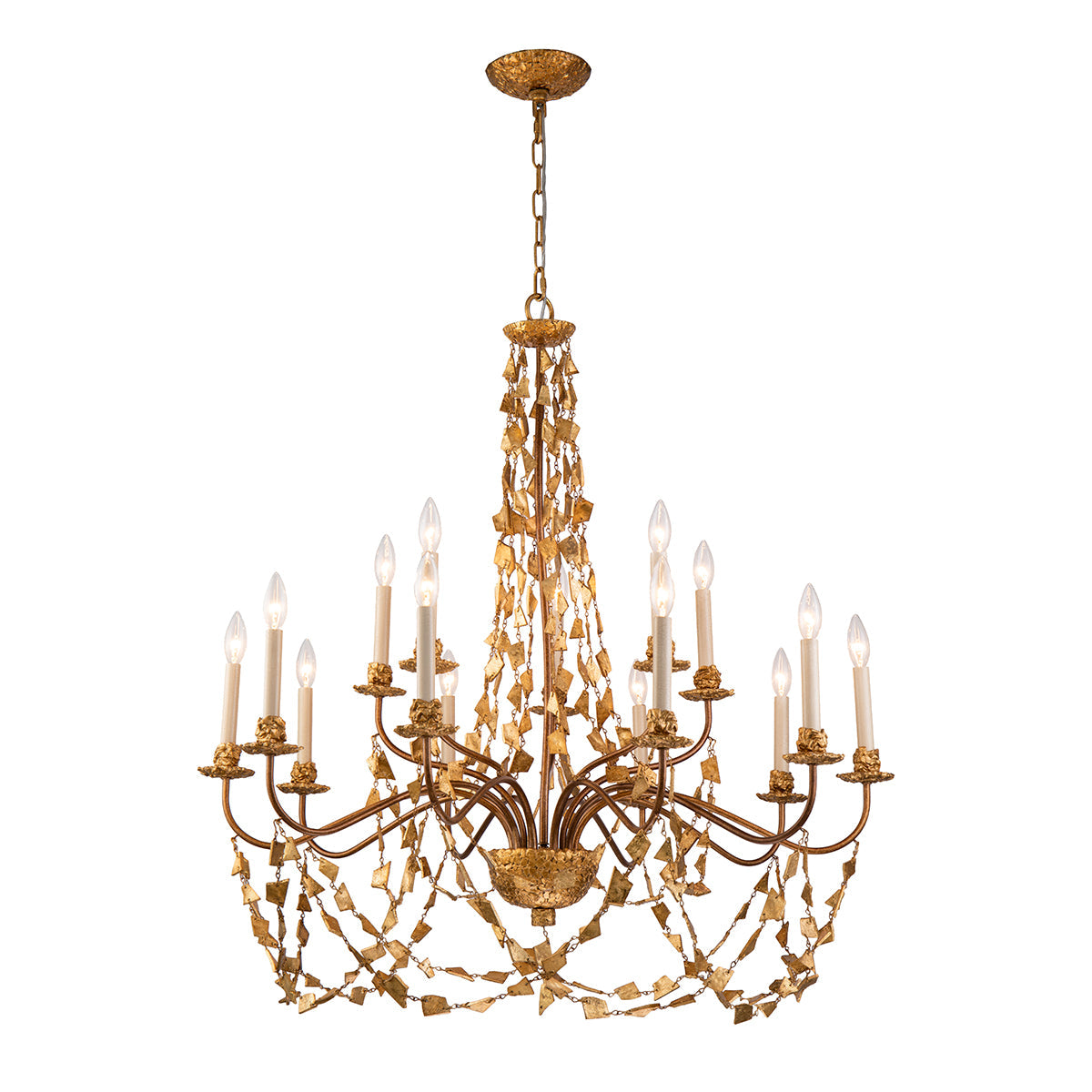 Lucas & McKearn Mosaic 15-Light Gold Leaf Two-Tier Chandelier With Multi-Size Hand Painted Resin Pieces