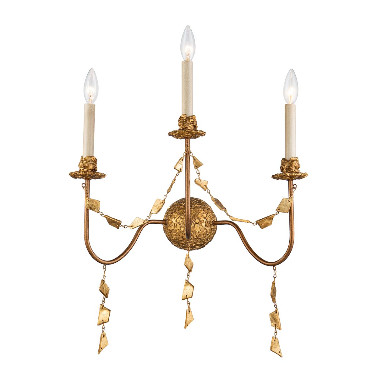 Lucas & McKearn Mosaic 3-Light Antique Gold Wall Light With Sculpted Drape Mosaic Pieces