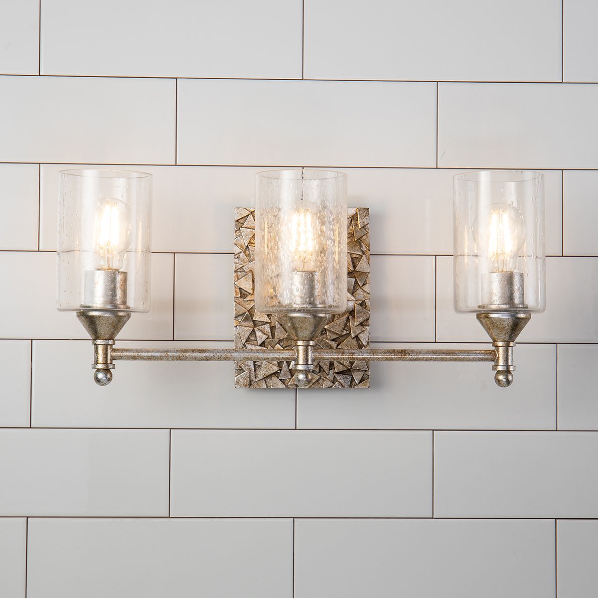 Lucas & McKearn Mosaic 3-Light Antique Silver Wall Light With Cylinder Glass Shade