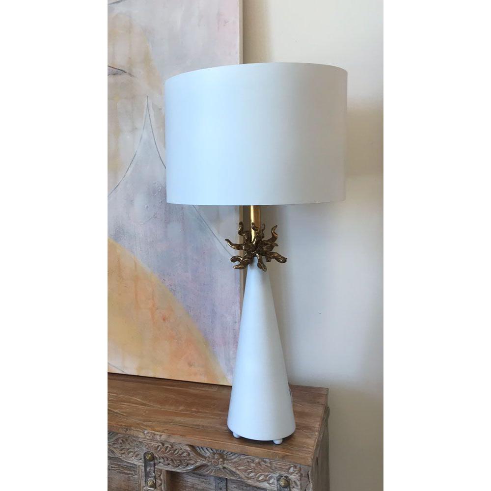 Lucas & McKearn Neo 29" Le Ciel Painted White Buffet Table Lamp With Drum-Shaped Shade and Gold Accents