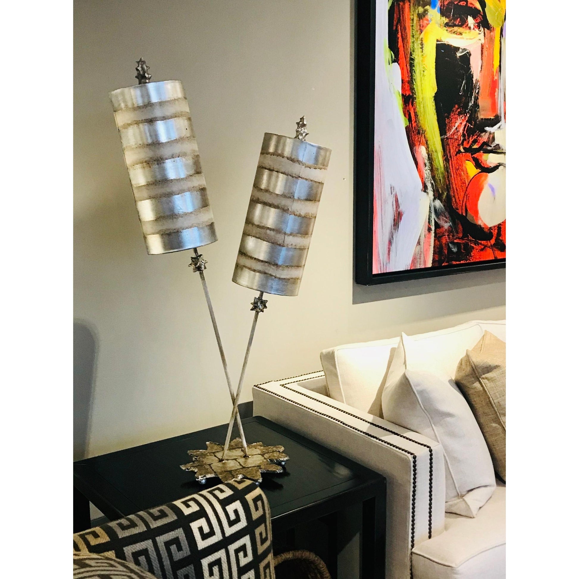 Lucas & McKearn Nettle Luxe 40" 2-Armed Silver Buffet Table Lamp With Cylinder Shade and Star-Shaped Base