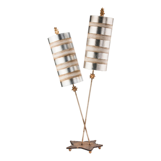 Lucas & McKearn Nettle Luxe 40" 2-Armed Silver Buffet Table Lamp With Cylinder Shade and Star-Shaped Base