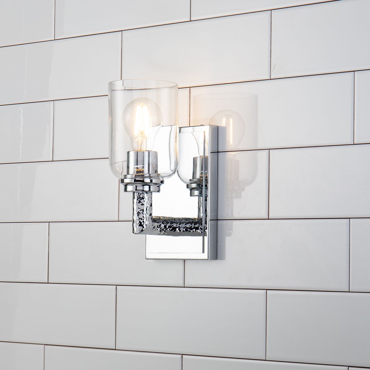 Lucas & McKearn Rampart 1-Light Polished Chrome Wall Light With Cylinder Shape Clear Glass Shade