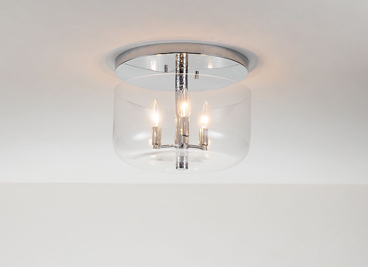 Lucas & McKearn Rampart 13" Round Polished Chrome Flush Mount Lighting With Clear Semi-Curved Glass Shade