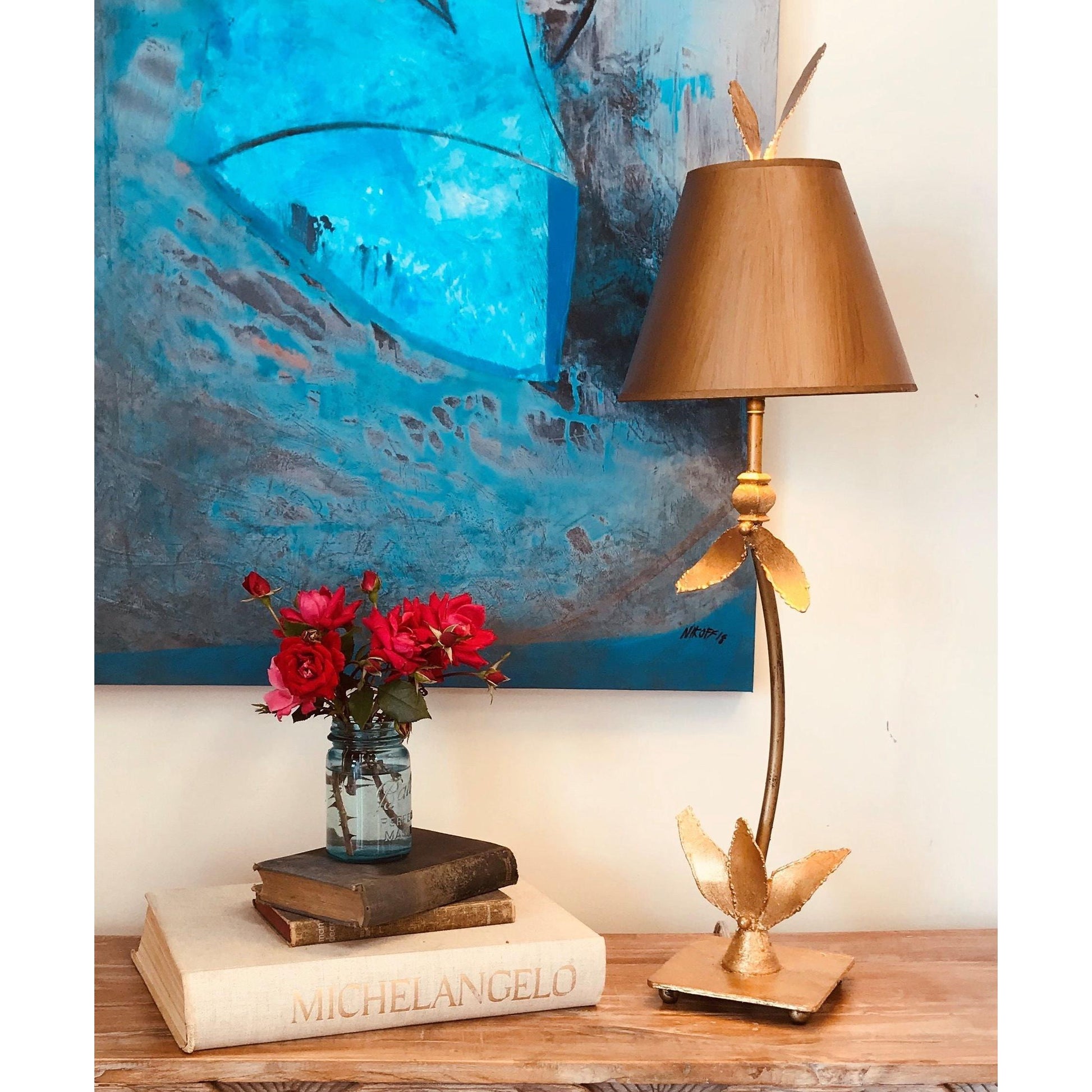 Lucas & McKearn Red Bell 30" Gold Buffet Table Lamp With Cone-Shaped Shade and Gold Leaf Accents