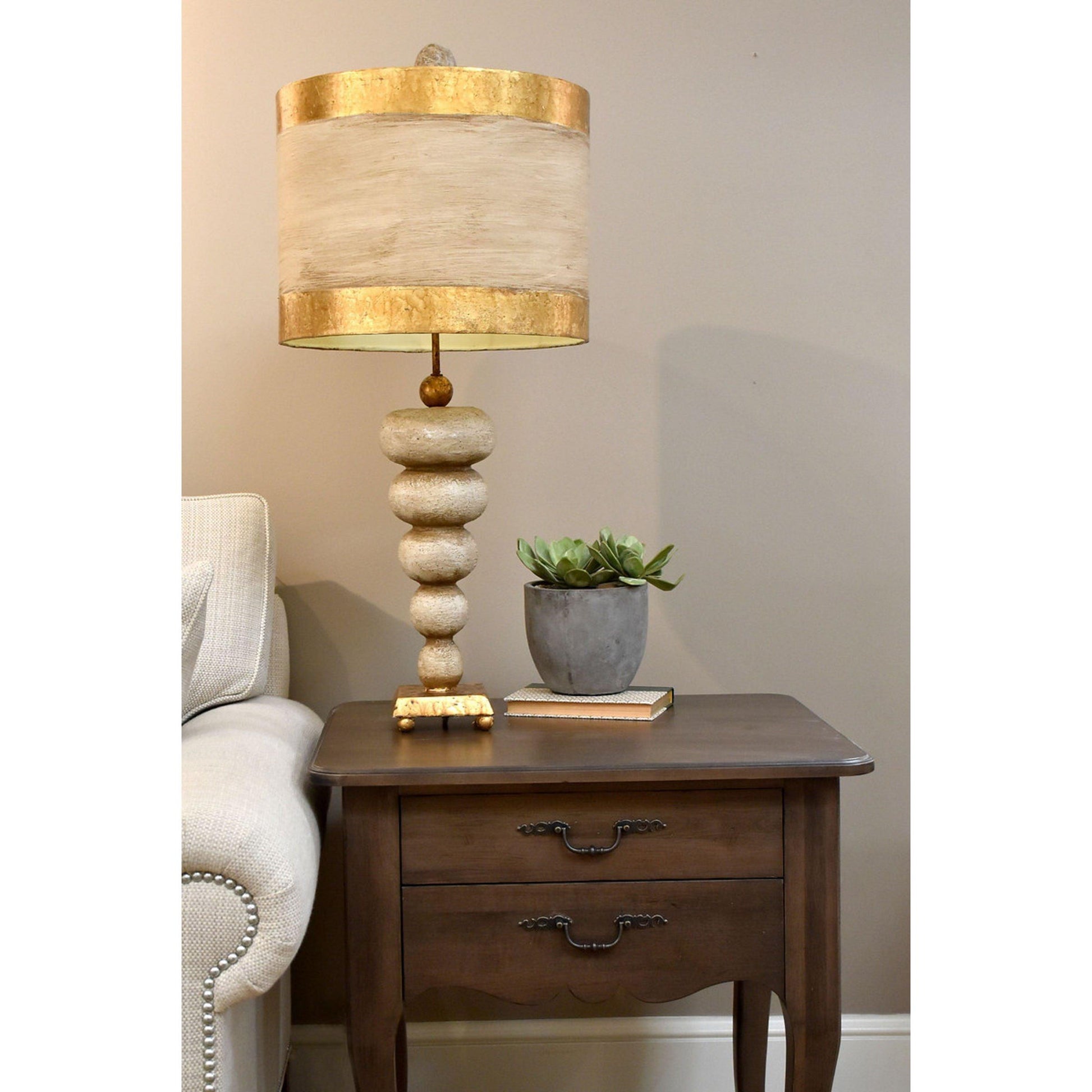 Lucas & McKearn Retro 31" Gold Buffet Table Lamp With Drum-Shape Textured Shade and Gold Base With Orb-Like Finial