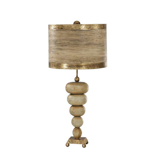 Lucas & McKearn Retro 31" Gold Buffet Table Lamp With Drum-Shape Textured Shade and Gold Base With Orb-Like Finial
