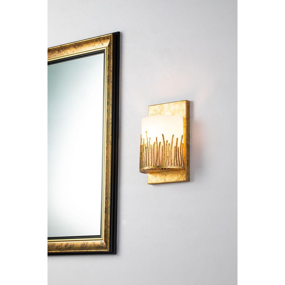 Lucas & McKearn Sawgrass 1-Light Gold Leaf Wall Light With Half-Drum Seeded Glass Shade in Grass-Like Holder