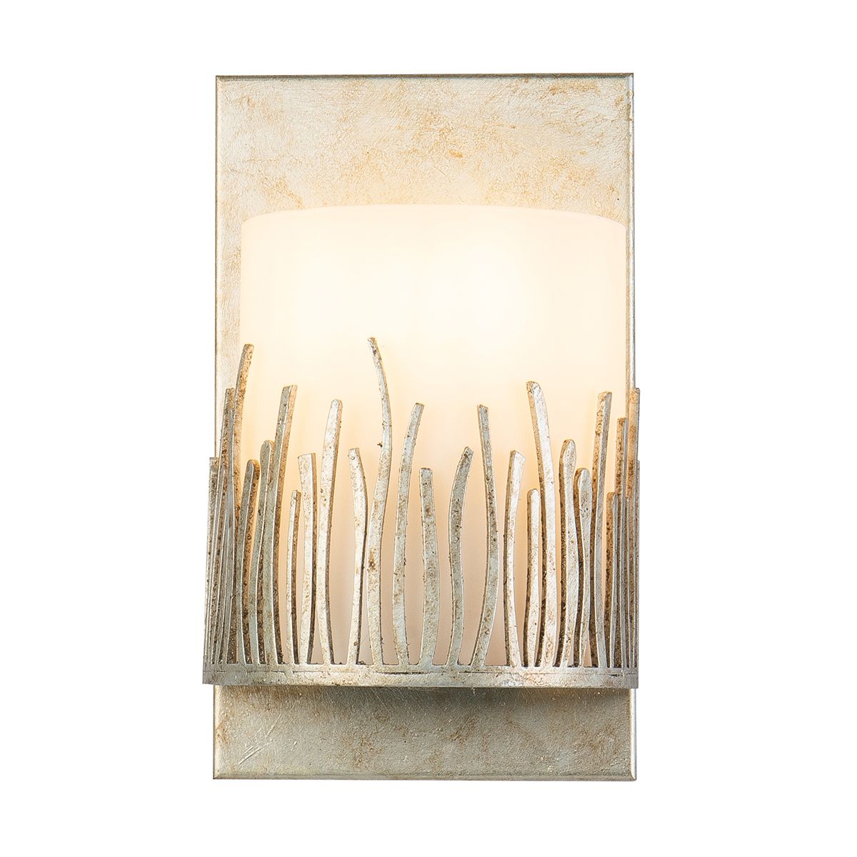 Lucas & McKearn Sawgrass 1-Light Silver Leaf Wall Light With Half-Drum Seeded Glass Shade in Grass-Like Holder