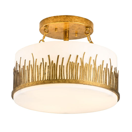 Lucas & McKearn Sawgrass 15" Round Gold Leaf Flush Mount Lighting With Frosted Glass Drum Shade