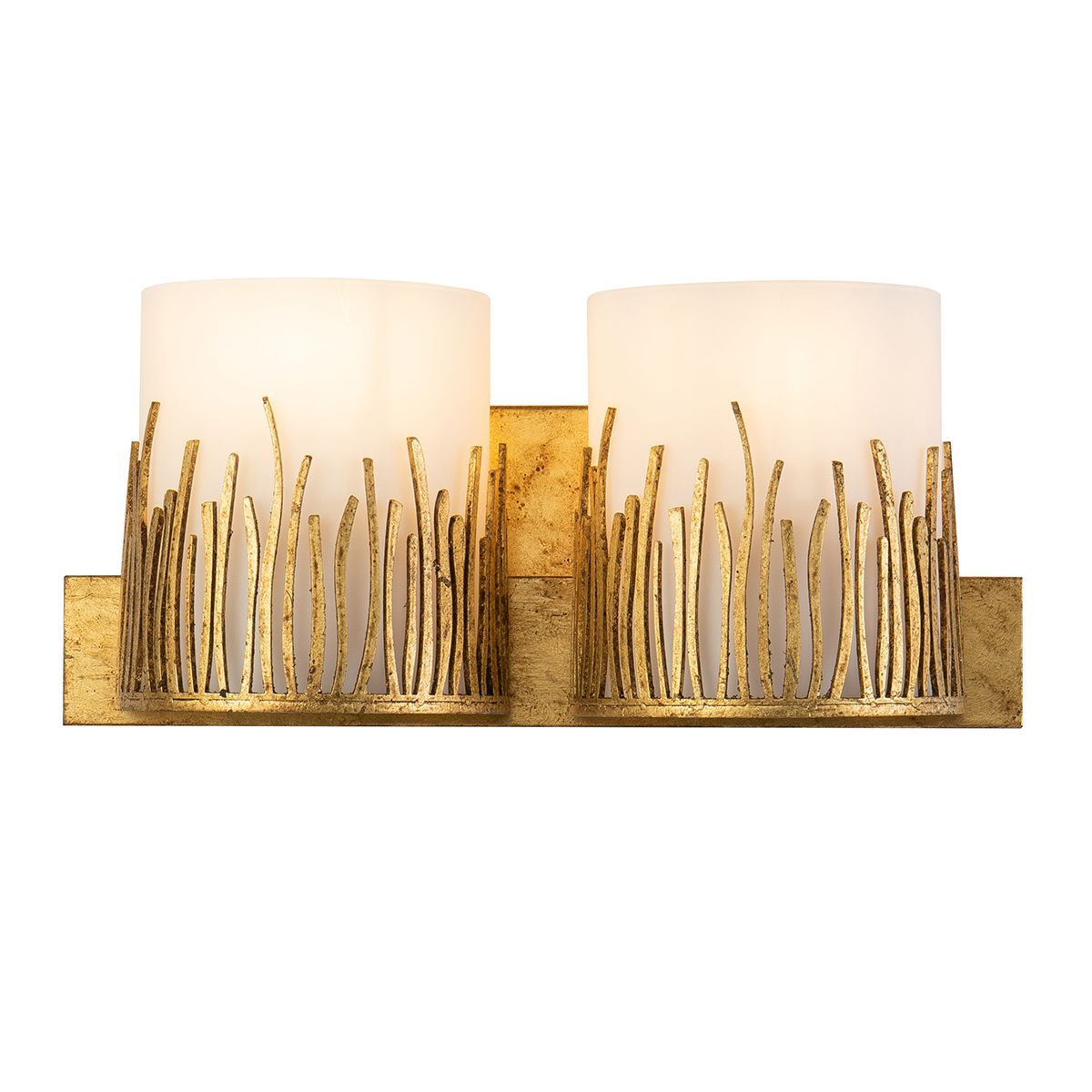 Lucas & McKearn Sawgrass 2-Light Gold Leaf Wall Light With Half-Drum Seeded Glass Shade in Grass-Like Holder