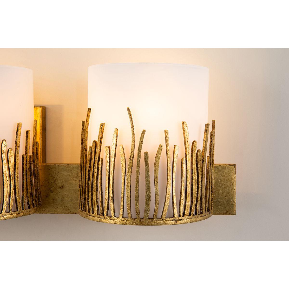 Lucas & McKearn Sawgrass 3-Light Gold Leaf Wall Light With Half-Drum Seeded Glass Shade in Grass-Like Holder