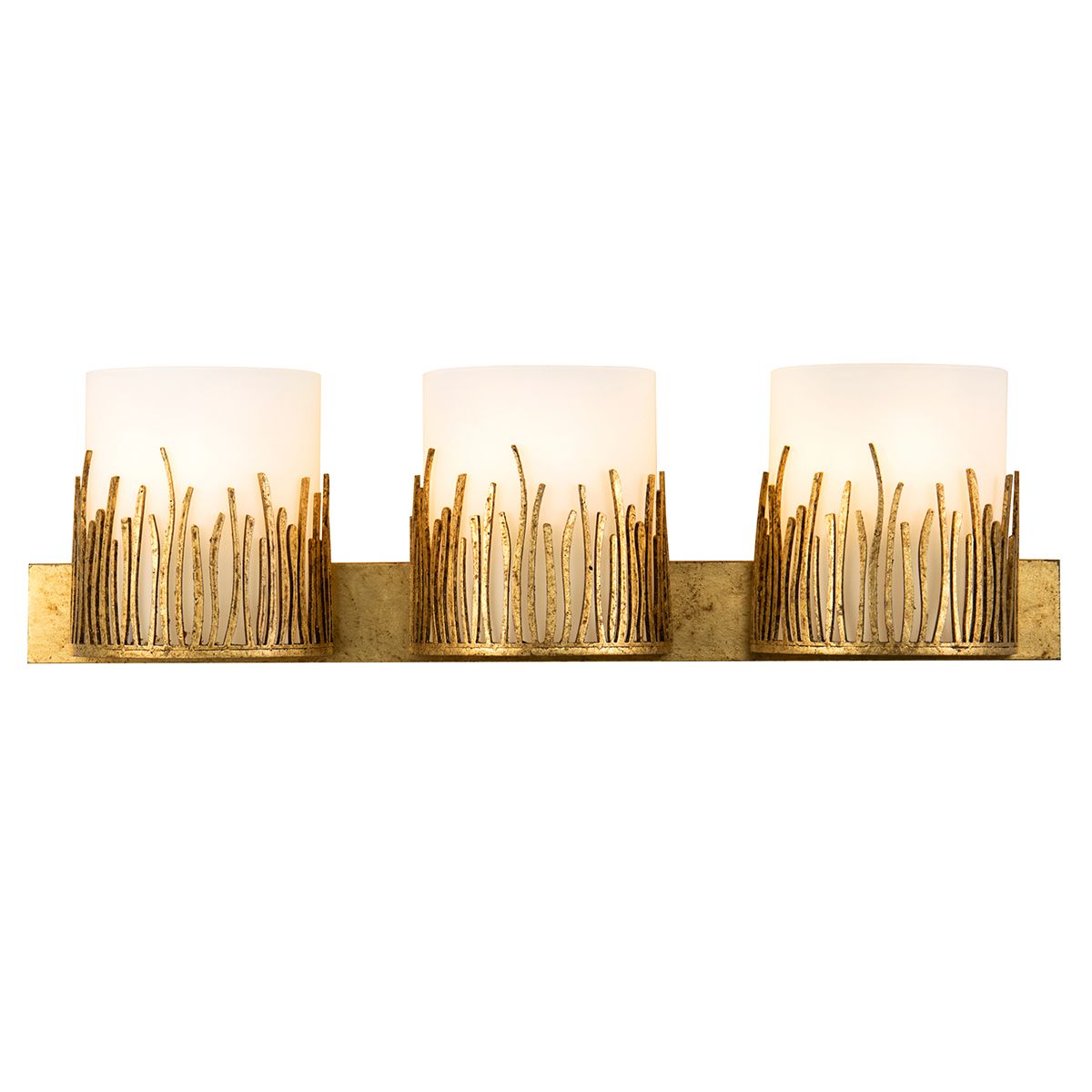 Lucas & McKearn Sawgrass 3-Light Gold Leaf Wall Light With Half-Drum Seeded Glass Shade in Grass-Like Holder