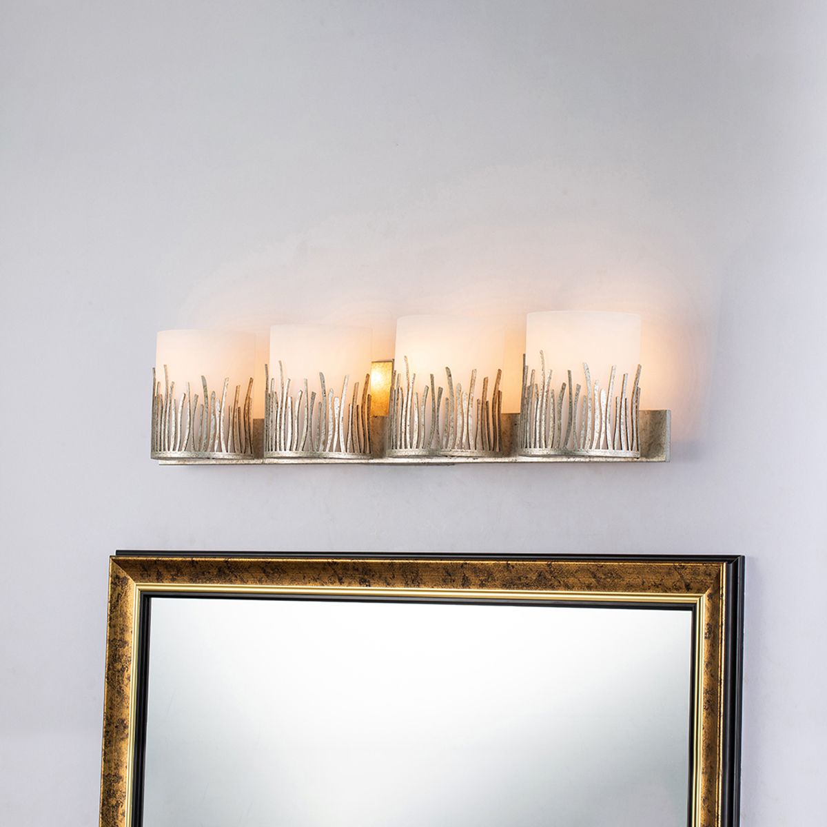 Lucas & McKearn Sawgrass 4-Light Antique Silver Leaf Bar Light With Opal Glass Shade